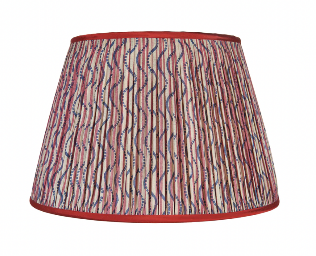 14" US Pembroke Red and Blue Stripe and Squiggle Pleated Silk Lamp Shade with Red Trim
